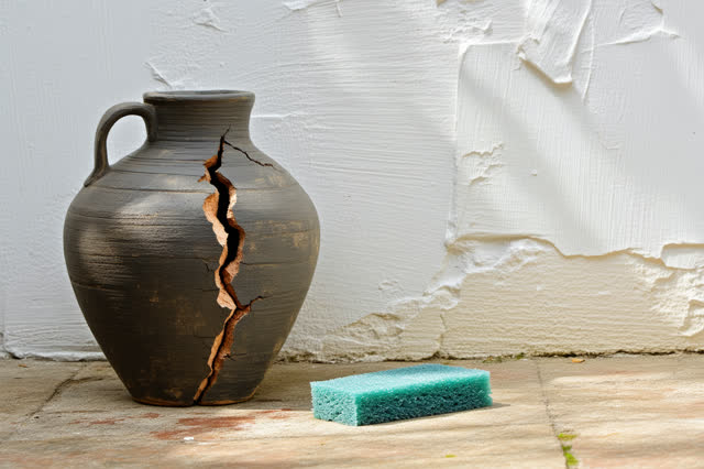 A tender practical repair in a bright domestic courtyard corner: a large porous earthen water jar has one long stable cr