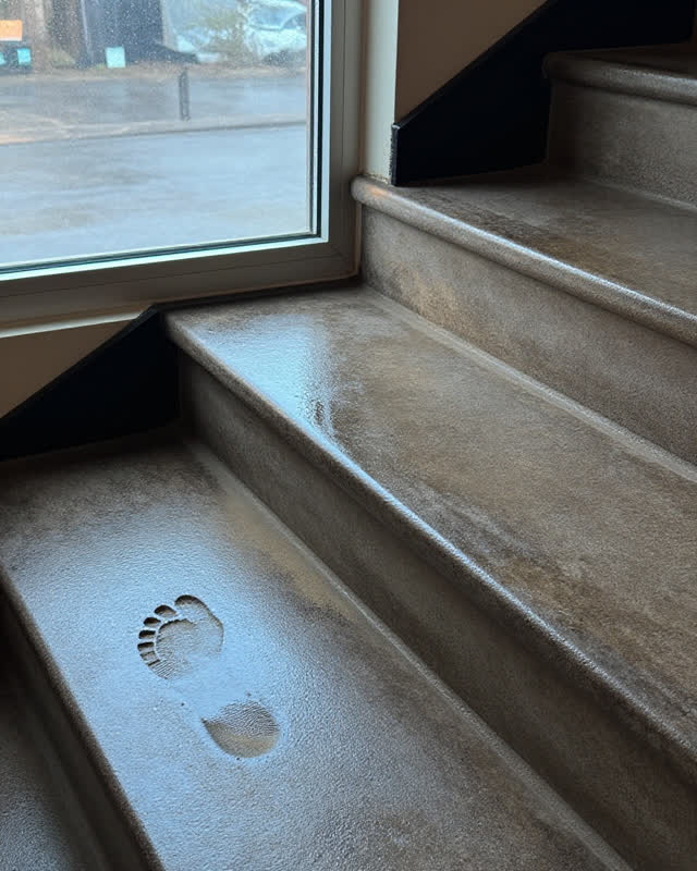 A restrained challenge on a rain-polished stair tread near a landing window: one dry footprint stops just before a fragi