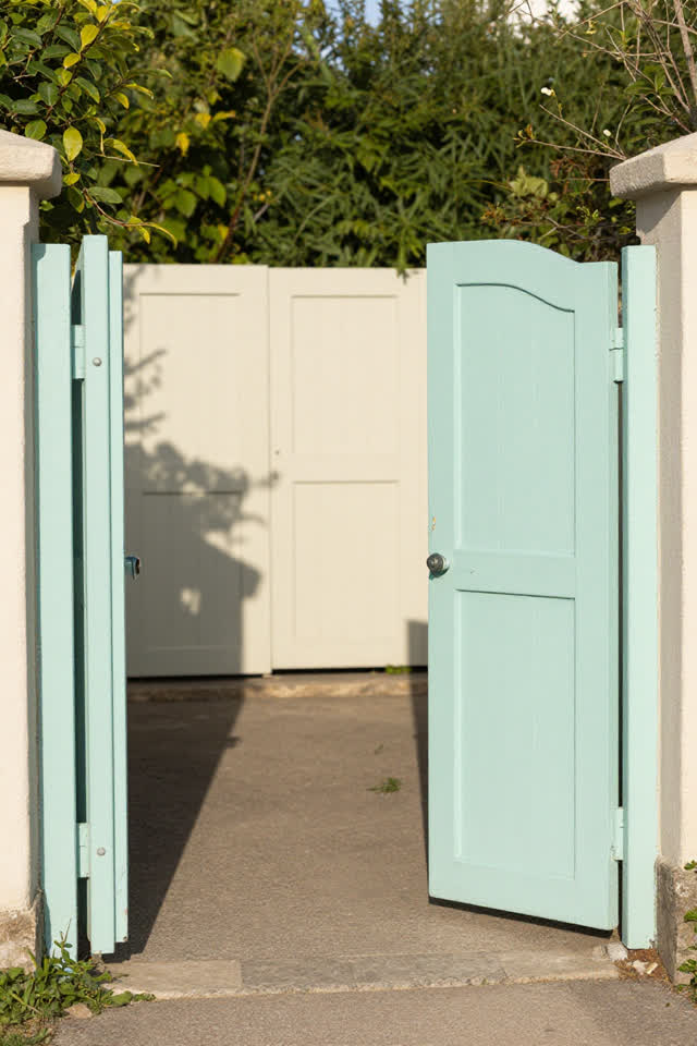 A bright playful image along a narrow garden lane in crisp morning sun: three modest chipped-paint gates stand only part
