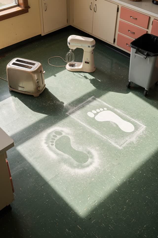 A bright playful image in a community kitchen after several small appliances have been rearranged: three sharply legible