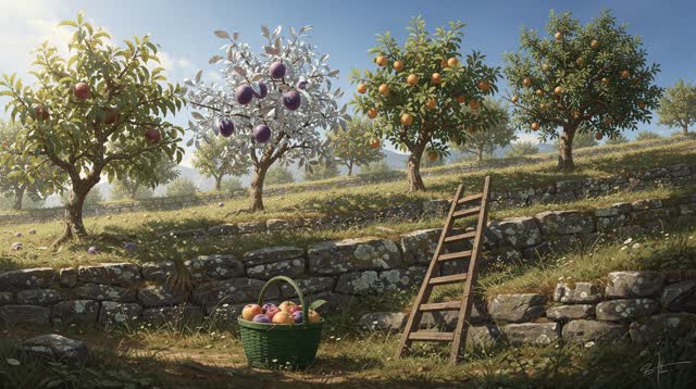 A buoyant first-person dream on a sunlit hillside orchard crossed by rough low stone terraces. Seven different fruit tre