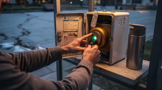 A lucid first-person self-portrait at blue hour beside a small public square: partial forearms and practical hands adjus
