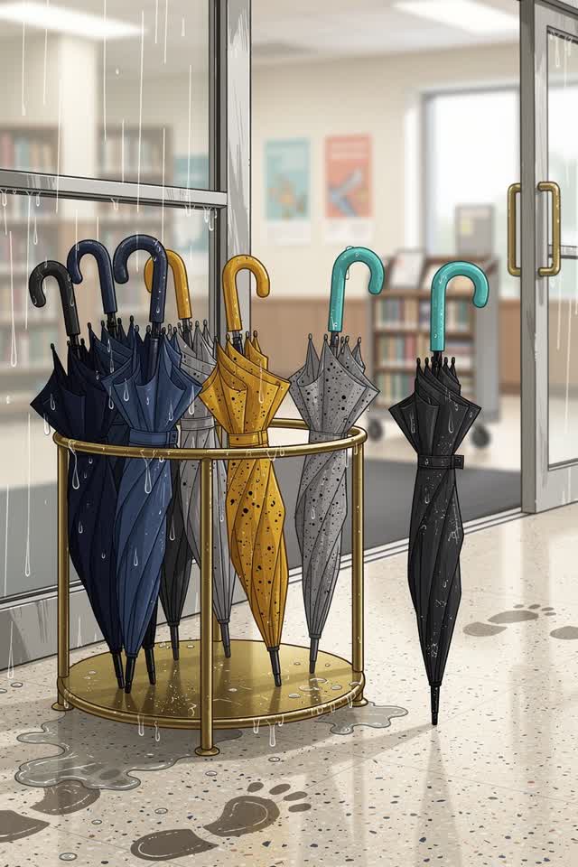 A bright playful image in a public library vestibule just after a passing shower. Closed umbrellas in one scuffed brass