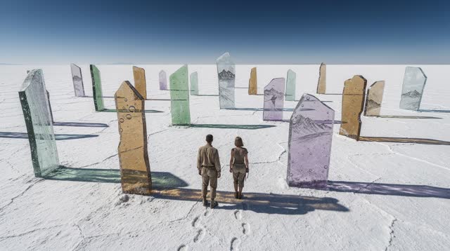 A buoyant first-person dream across a broad sunlit salt flat. Irregular upright slabs of handmade bottle-green, smoked-a