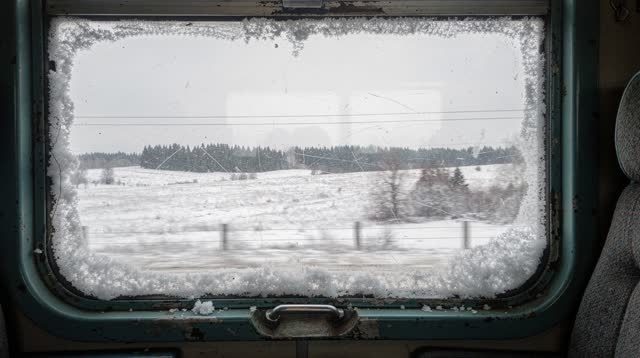 A lucid first-person self-portrait inside an old intercity train crossing a snowy plain under soft overcast daylight. On