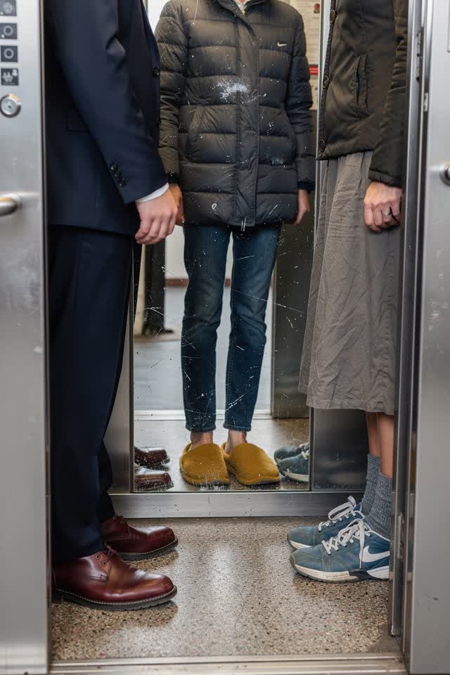 A bright playful image inside a modest apartment elevator with three neighbors riding together. A slight real misalignme