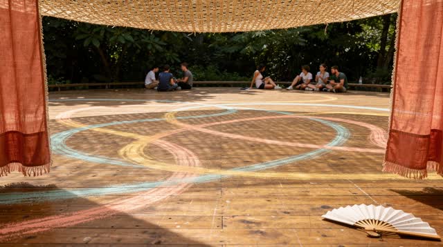 A buoyant first-person dream in an open-air theater during a warm afternoon rehearsal break. The broad empty wooden stag