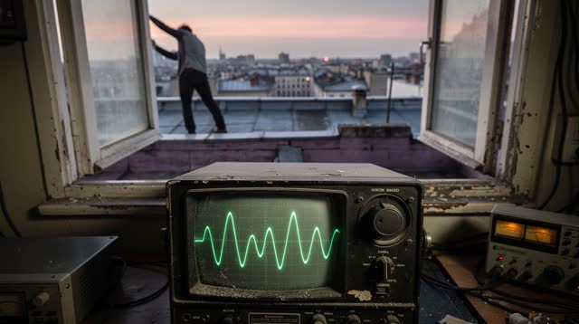 A lucid first-person self-portrait inside a compact rooftop radio room above a dense city at dawn. One old lacquer-black