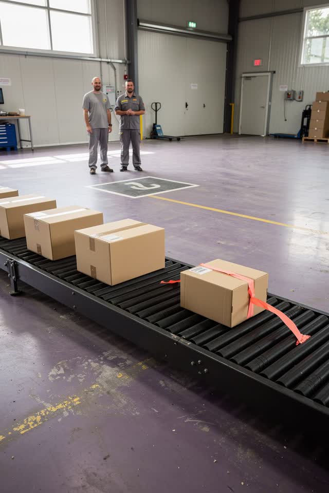 A bright playful image in a dry parcel depot with one short conveyor line. Several taped parcels move normally toward th
