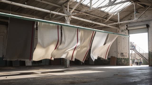 A buoyant first-person dream inside a vast dry textile sampling loft at high noon. Seven widely separated fabric lengths