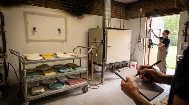 A lucid first-person self-portrait in a dry ceramics glaze room recently vacated after the first morning firing. A pract