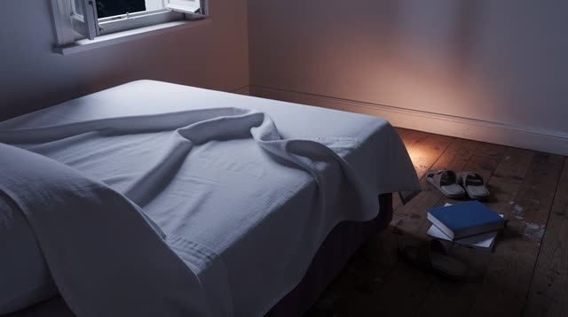 A buoyant first-person dream in a small bedroom under clear moonlight after a warm day. A clean white cotton bedcover li