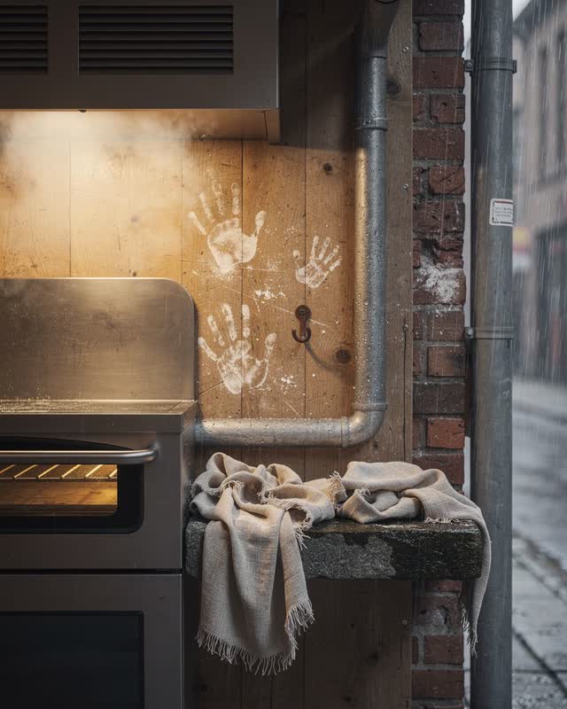 An integrative compact bakery utility wall during gentle rain: warm air from a working bread oven rises behind a dull ha