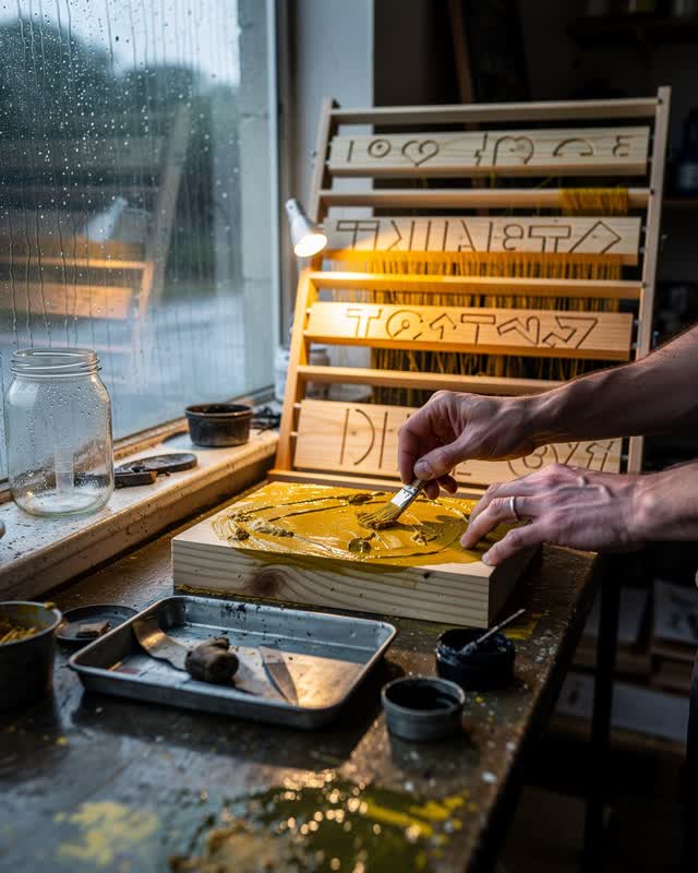 An integrative small sign-painting and woodcut print studio during steady rain. Overcast blue window light and warm prac
