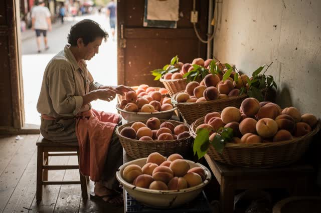 A genuinely quiet image in the shaded back room of a small summer fruit stand. A vendor sits fully in view on a low stoo
