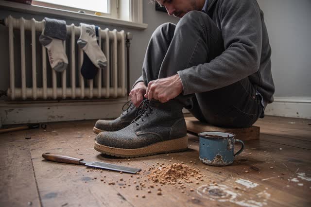 A tender practical repair in a small domestic mudroom on a quiet winter afternoon. A seated repairer is shown fully from