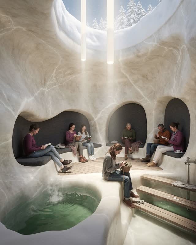 An integrative subterranean neighborhood winter room carved into softly translucent veined stone. Narrow daylight shafts