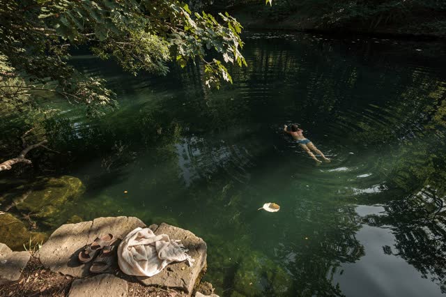 A genuinely quiet image at a shaded freshwater swimming hole beneath dense summer trees. One swimmer floats calmly near