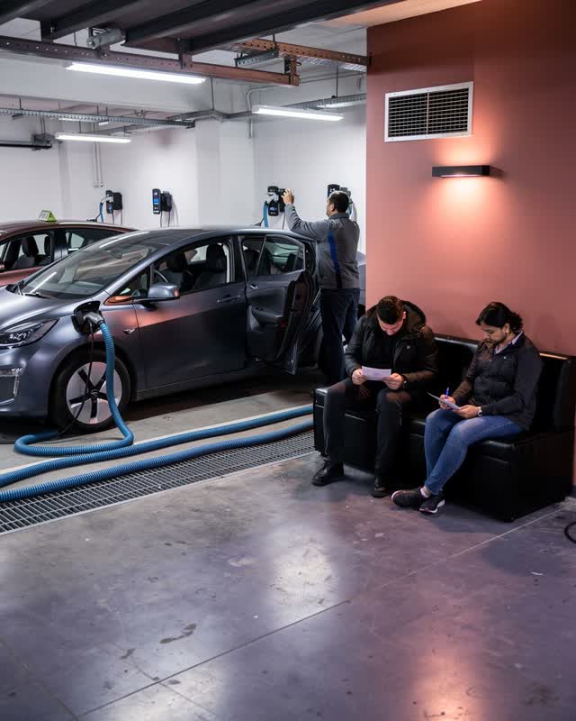 An integrative compact electric taxi garage between late shifts. Two matte vehicles charge quietly while drivers natural