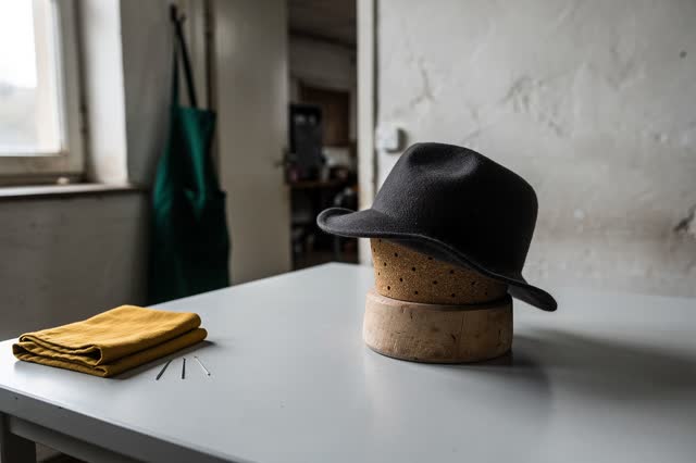 A genuinely quiet image in a small hatmaker's shaping room during lunch break. One unfinished charcoal felt hat rests lo