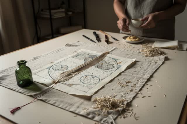 A tender active repair in a paper conservation room under cool diffuse daylight. A torn handmade atlas page lies on wash