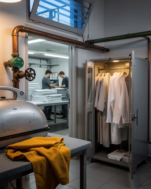 An integrative compact neighborhood laundry press room on a cold clear morning. One matte ironing press, a small drying