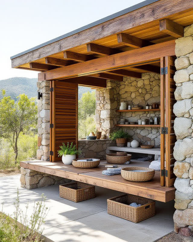 An integrative compact coastal food-preservation shed built into a rocky slope. Adjustable weathered-cedar shutters admi