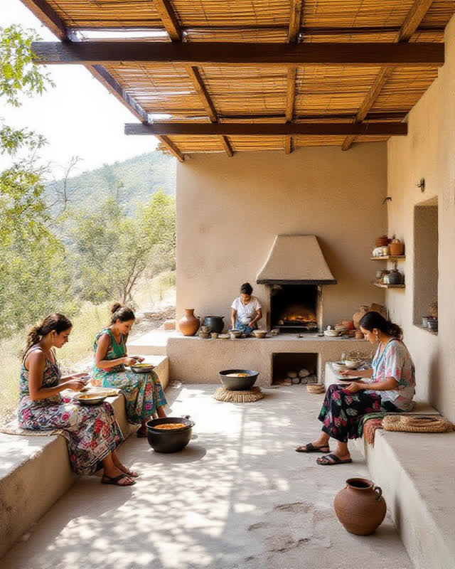 An integrative dry hillside community plaza during a shared midday meal. Rough pale-stone seating, matte reflective cook