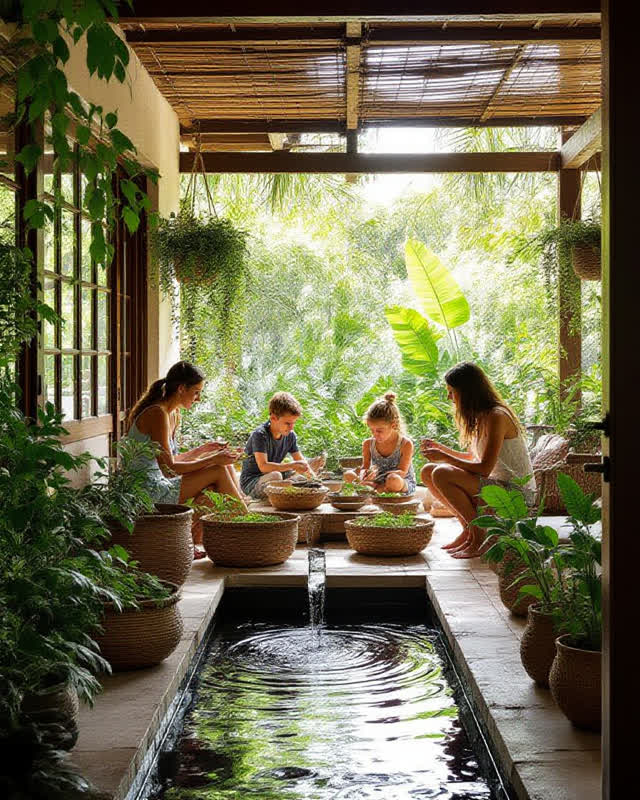 An integrative compact domestic garden during a warm humid family afternoon. Several people naturally share the space: c