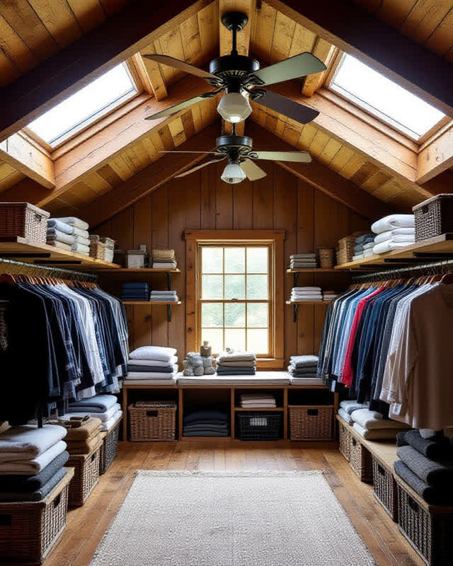 An integrative costume-storage loft beneath an old factory skylight. Adjustable linen shades, breathable irregular musli