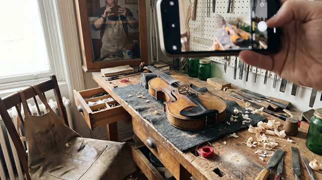 A lucid first-person self-portrait through a working violin-repair studio shortly after the craftsperson stepped outside
