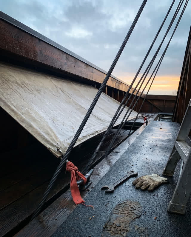 A restrained but tense challenge on an outdoor theater rigging deck during setup after rain. One matte twisted-steel sup