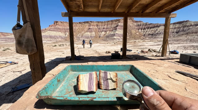 A lucid first-person self-portrait through a dry high-desert geology field station beneath a narrow timber shade roof. O