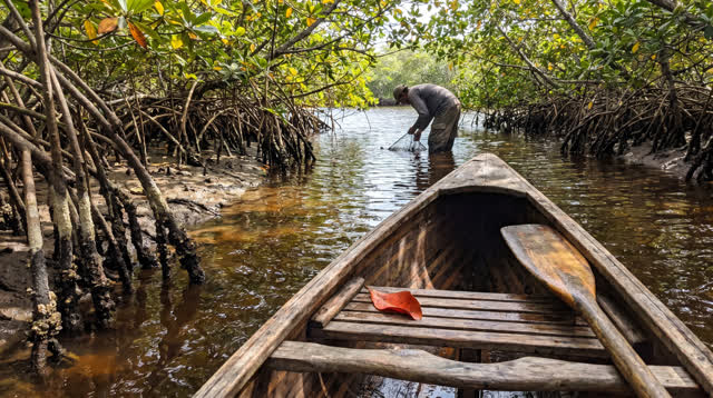 A lucid first-person self-portrait at a warm mangrove inlet in late morning. One weathered cedar canoe rests in shallow