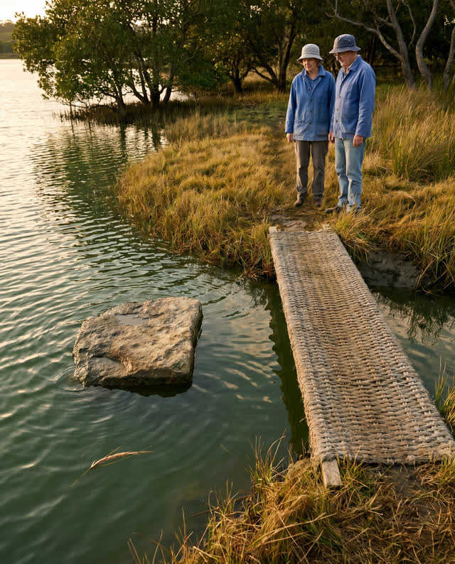 A restrained low-tension challenge along a tidal garden path in warm late afternoon. The rising tide has begun to cover