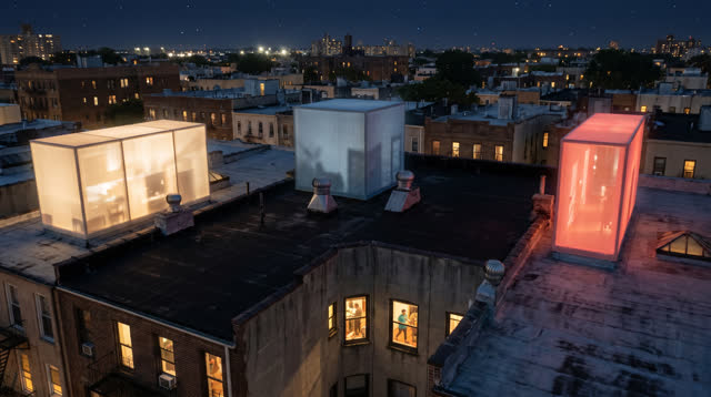 A buoyant first-person dream seen from high above closely packed apartment rooftops on a clear dry night. A few ordinary