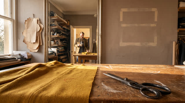 A lucid first-person self-portrait in a tailoring pattern room recently vacated for morning tea. A single mustard wool c