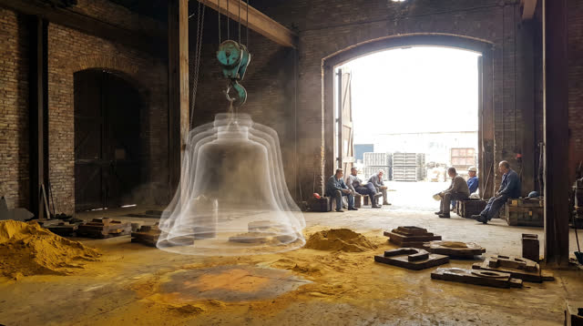 A buoyant first-person dream in a high brick bell foundry pattern hall after a large casting has been moved outside. In