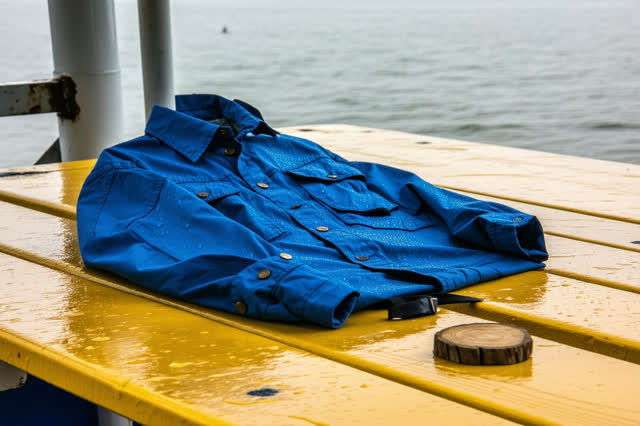 A genuinely quiet image at a covered ferry landing after a brief summer shower: one faded blue work jacket lies loosely
