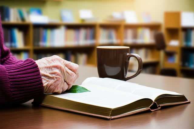 A genuinely quiet image in a small after-hours reading room. One elderly hand rests calmly beside an open book on a worn