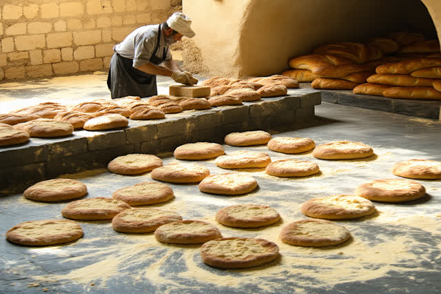 A tender practical repair in a shaded village bakery yard during dry summer weather. Two bakers shown as complete workin