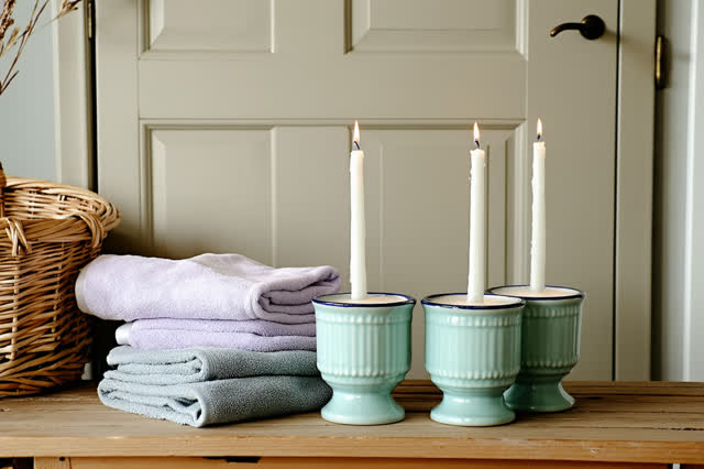 A genuinely quiet image in a modest apartment utility room on an overcast morning. Three newly poured household candles