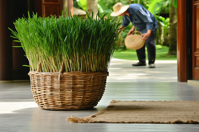 A tender practical repair on a shaded domestic veranda opening onto a humid garden. A collapsed woven-grass carrying bas