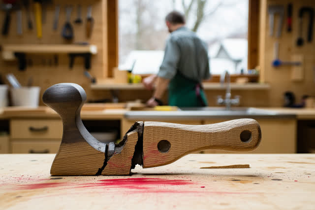 A tender practical repair at a cabinetmaker's bench beneath a cool north-facing window. In tight diagonal foreground, th