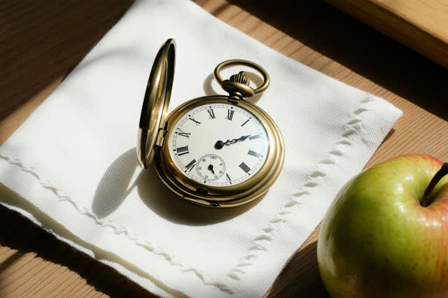 A genuinely quiet image in a watchmaker's small backroom during an unhurried lunch. One open pocket watch rests safely o