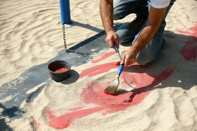 A tender practical repair at a neighborhood playground in bright cool morning light. Low close foreground shows a black