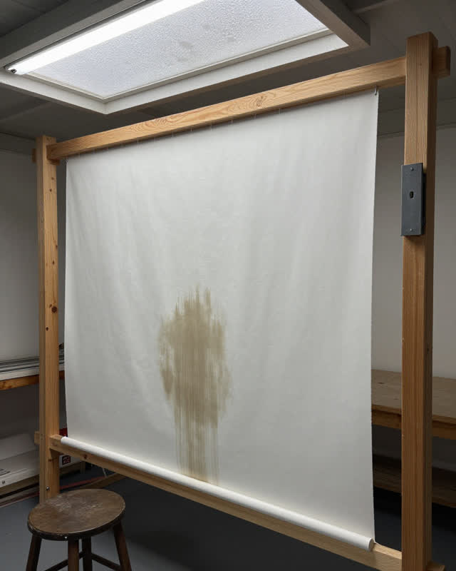 A restrained challenge in a printmaker's drying room during humid weather: an irregular dark damp front has traveled thr