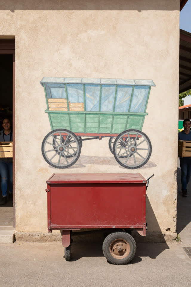 A bright playful image in a dry sunlit alley beside a neighborhood produce market. A compact real delivery cart has paus