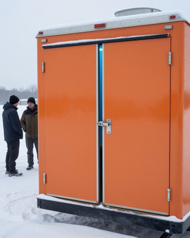A restrained challenge at a winter research camp under flat overcast light. The faded orange enamel door of a small mobi