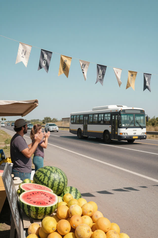 A bright playful image at a warm roadside fruit stop beside a quiet two-lane highway. A row of small faded triangular ad